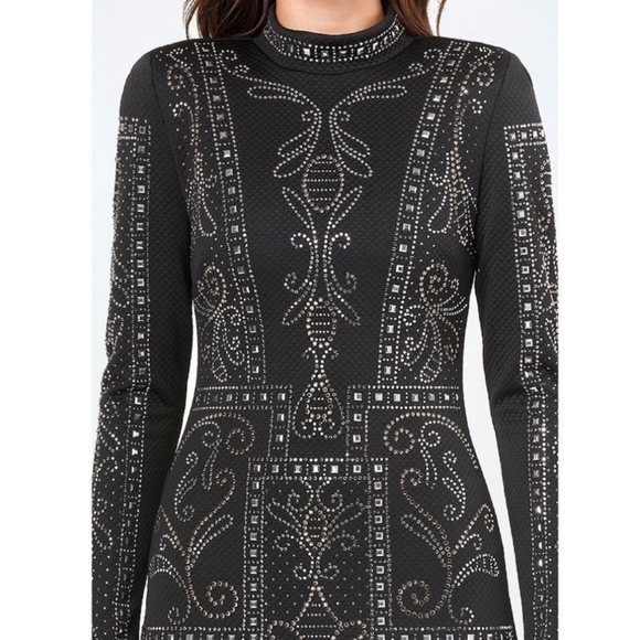 NWT -Bebe Black Synthetic Studded Jaquard Dress - Picture 4 of 7